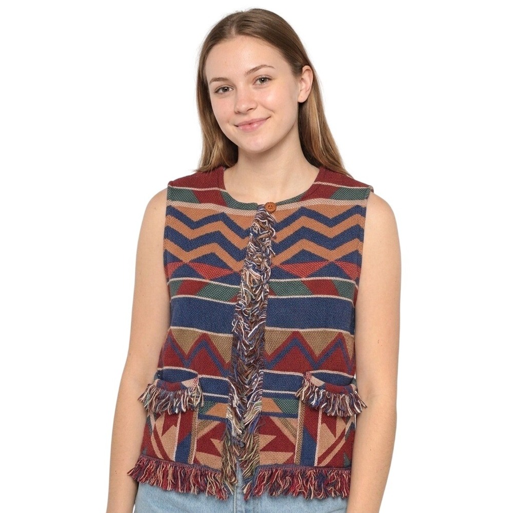 Vintage Sweater Vest Women's Small Medium Southwestern Tapestry Fringe Aztec
